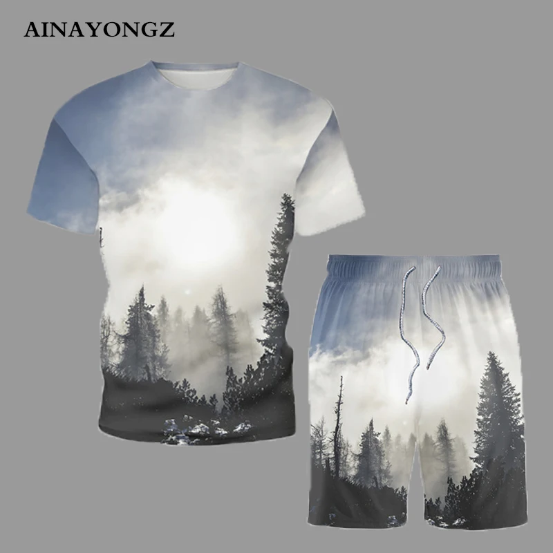 2022 Summer Fashion Clothing Beach Attire Male New Trend T-Shirt Suit Landscape Painting Print Men Short Tracksuit Sets 5XL