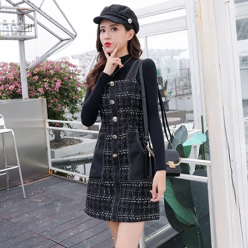 

Women 2021 Autumn Winter New Fashion Streetwear Two Piece Sets Female Sweater Wool Plaid Dresses Set Lady Elegant Party Suit I85
