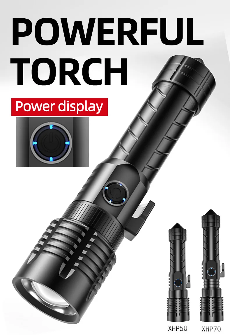 

Powerful flashlight USB Rechargeable Multifunction High power led flashlights Camping Ultra Bright Torch With Safety Hammer