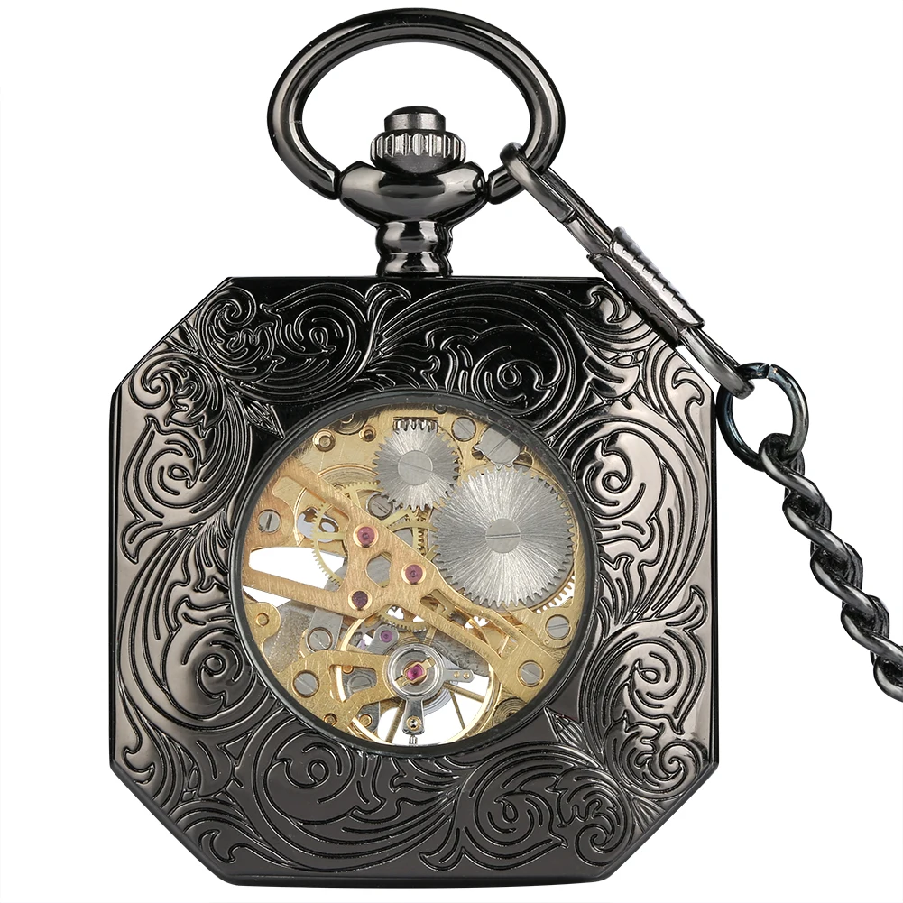 Vintage Octagonal Mechanical Hand Wind Pocket Watch Skeleton Dial Pendant Watch Fob Chain Clock Hours Men Women Gifts Relgio