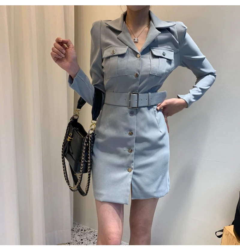 Trytree Autumn Winter Women Casual Dress Turn-down Collar Single Breasted Pockets Belt 5 Colour Slim fit Fashion Mini Dress