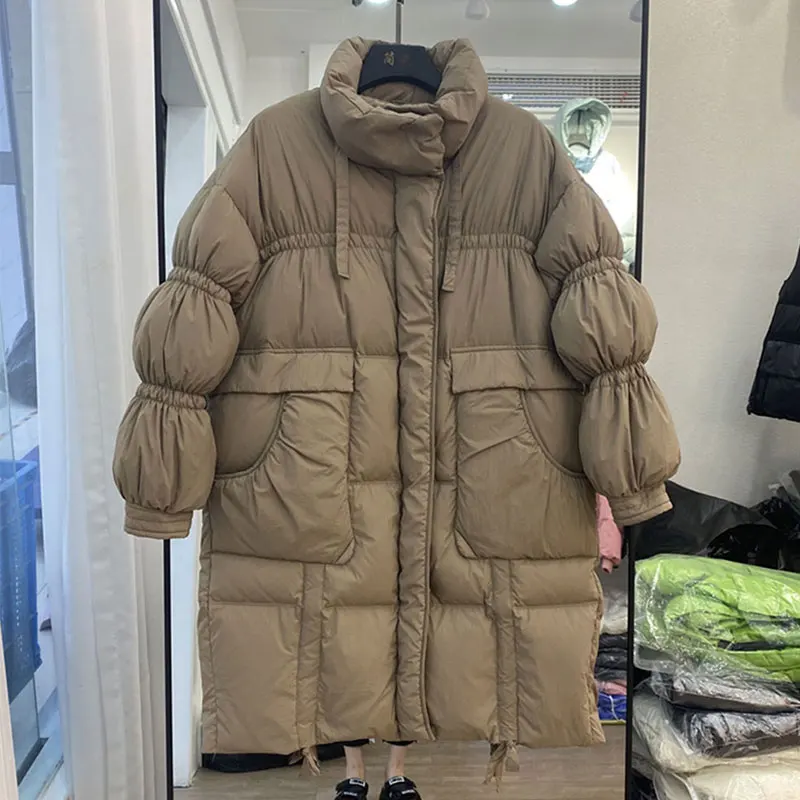 

2021 Winter Puffer Jacket Women Standing Collar Drawstring Down Coat Mid-length Thick Loose Bread White Duck Down Warm Outwear