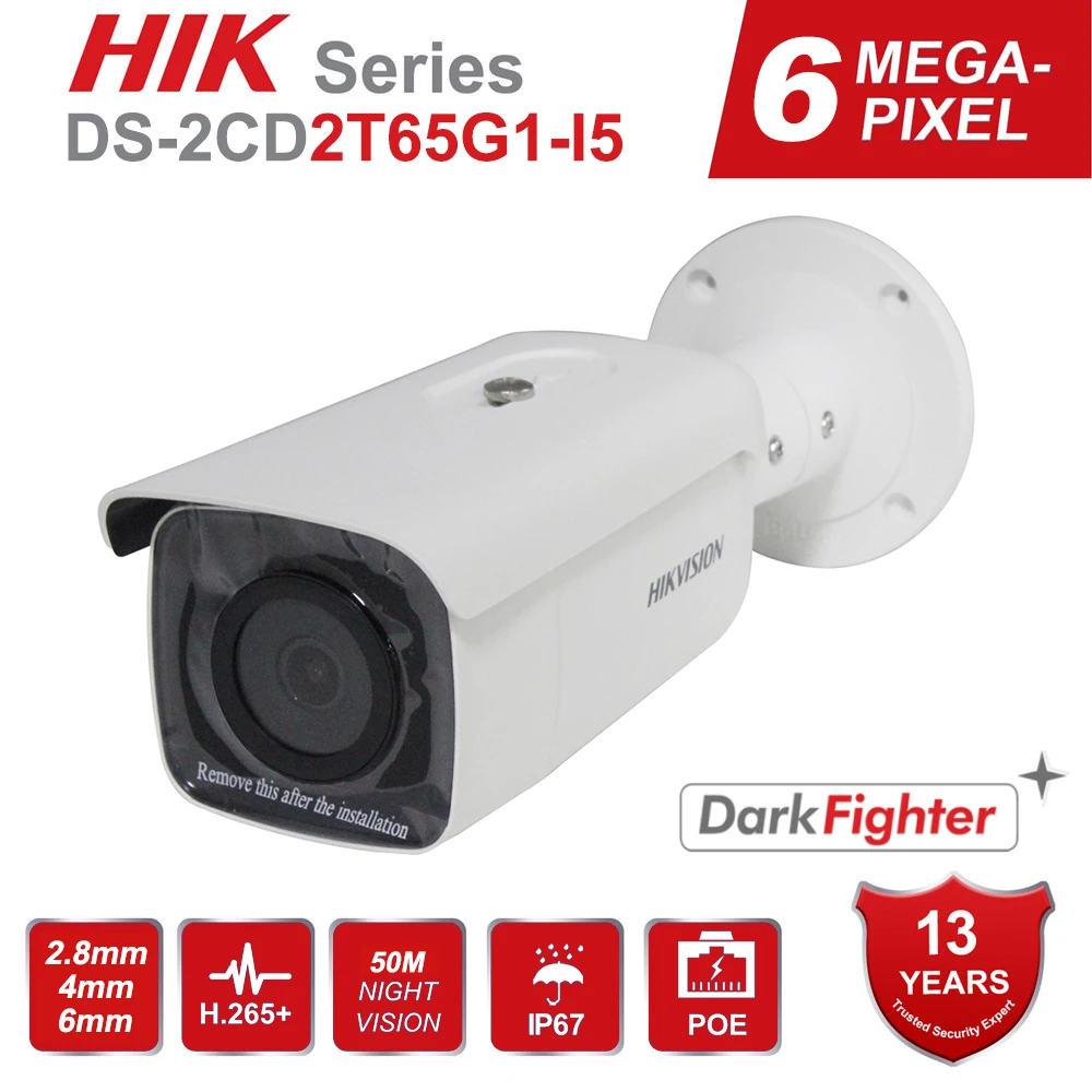 

IP-камера Hikvision, 6 МП, POE, DS-2CD2T65G1-I5, H.265, 50 м, ИК, IP67