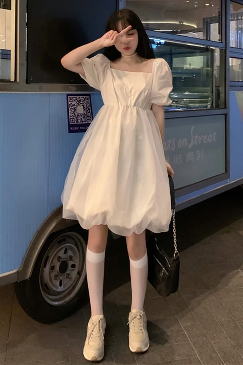 

KOSAHIKI Summer Square Collar Elegant Party Dress Puff Sleeve Sweet Cute Princess Vestidos Solid High Waist Femme Robe 11a121