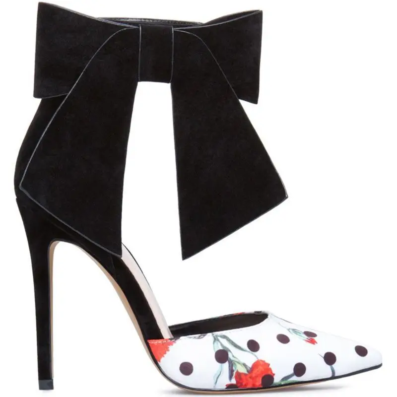 Ankle Butterfly Knot Decor Pointed Toe Pumps High Heels Polka Dot Print Female Pumps Hot Women Sexy Shallow Party Dress Shoes