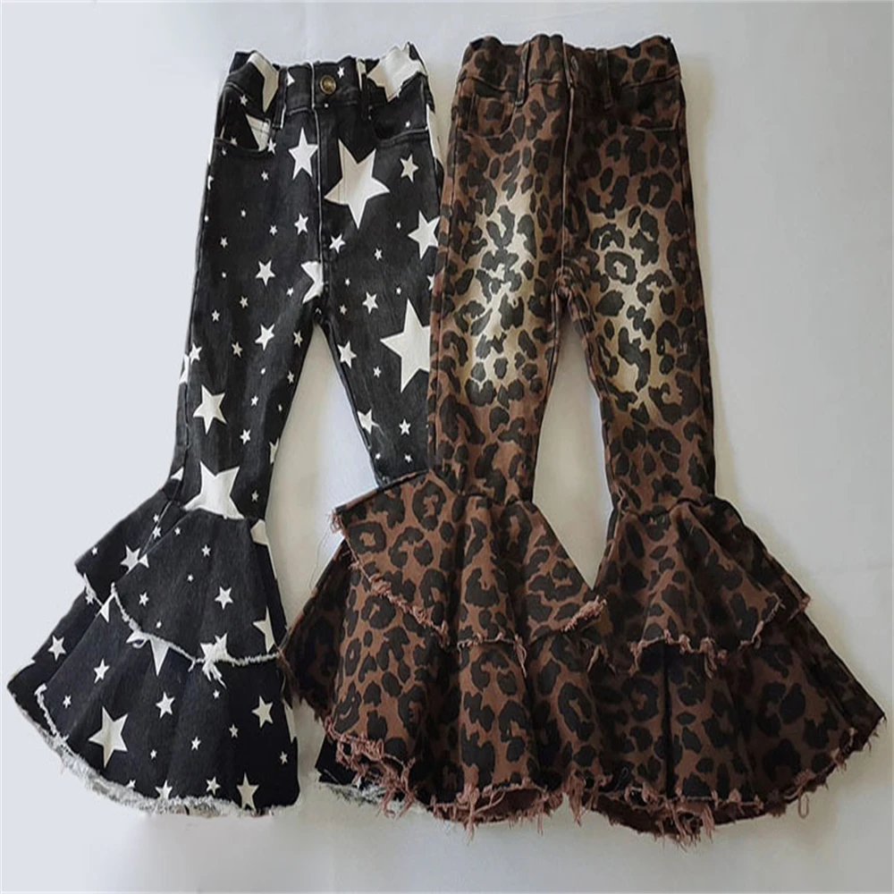 

Двойные расклешенные брюки для маленьких девочек, удобные джинсы клеш колокол, Детские двойные леопардовые брюки со звездами и оборками