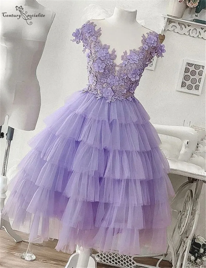 Женское вечернее платье с круглым вырезом кружевное лавандового цвета длиной до