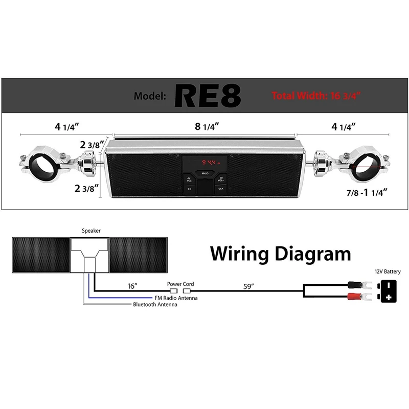 

Motorcycle Stereo Speakers MP3 Music Player Bluetooth Player with USB,AUX-IN,FM Radio for 7/8-1.25 Inch Handlebar Motor Scooter