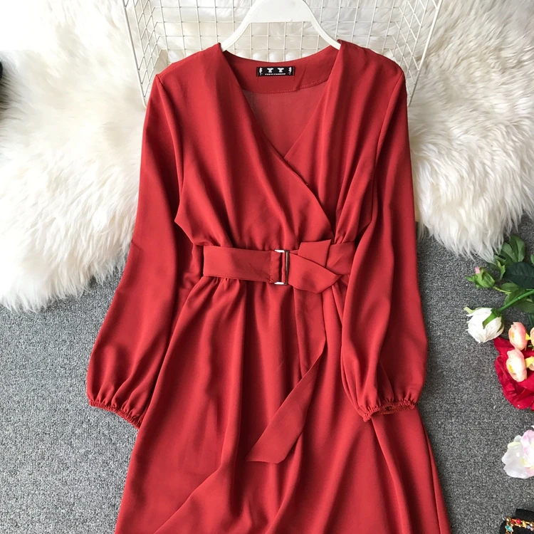 ALPHALMODA осеннее офисное женское платье с длинными рукавами и поясом, новое повседневное шифоновое платье с высокой талией и v-образным вырезом, однотонное женское платье до середины икры
