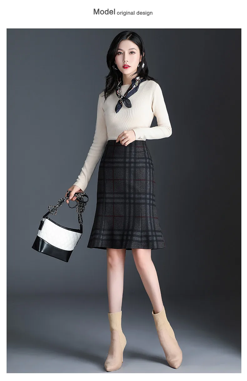 New Fall Winter Knit Skirt Women Gray Lattice High Waist Ruffle Mermaid Skirt S-3XL Plus Size Pencil Skirt Female
