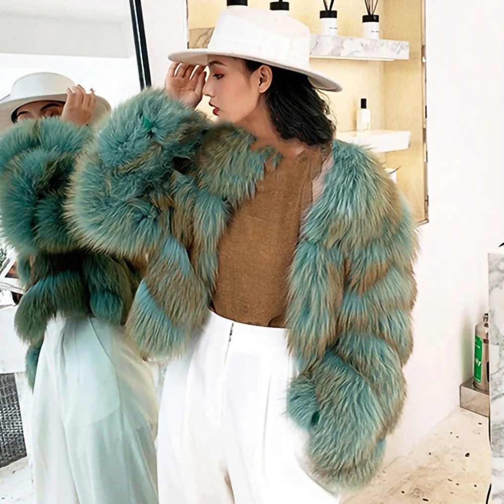 TOPFUR новый дизайн зеленая короткая тонкая женская куртка с лисьим мехом длинными