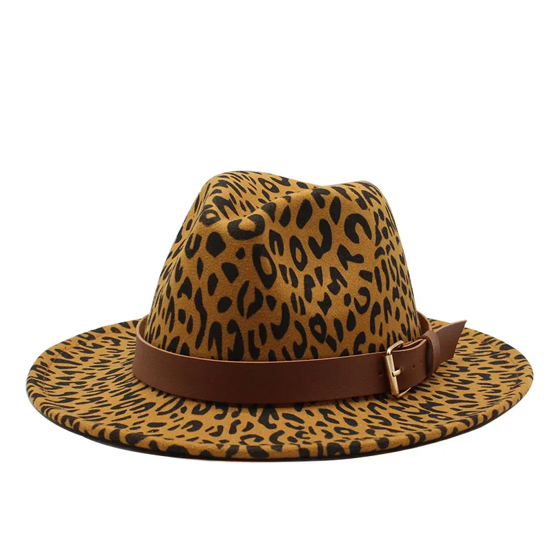 Seioum Unisex Flat Brim Wool Felt Jazz Fedora Hats Men Women Leopard Grain Leather Band Decor Trilby Panama Formal Hats
