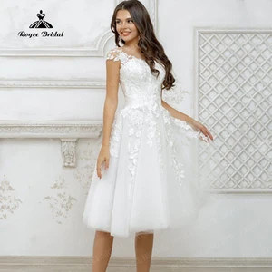Elegant Boho Short Wedding Dress A-Line V-Neck Princess Lace Appliques  Wedding Gown 2022 Button Tulle Vestido De Noiva
