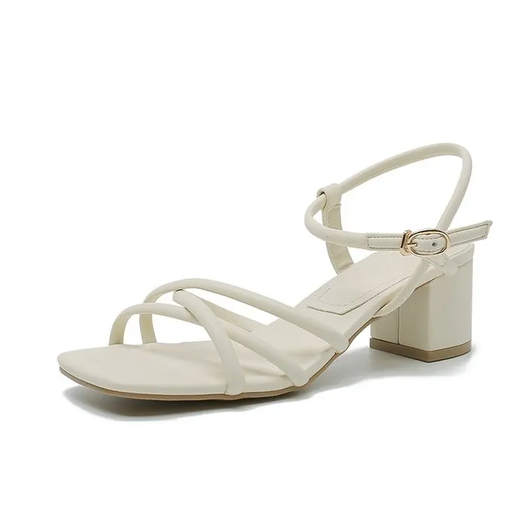 

2021 Summer Comfort Shoes for Women Beige Heeled Sandals Med Buckle Strap All-Match New Black Girls Medium High Gladiator Block