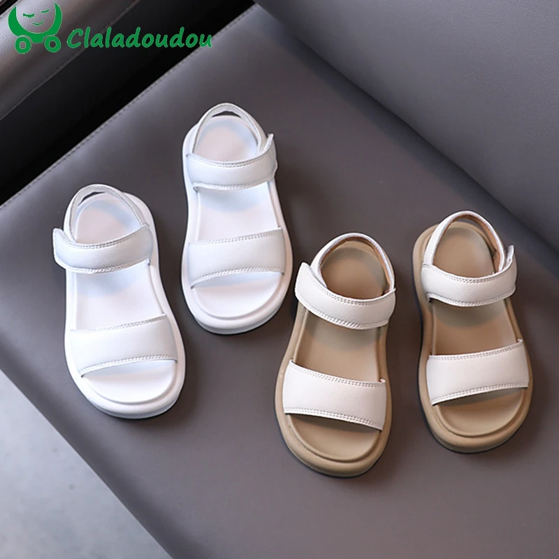 

14-19cm Brand Little Girls Genuine Leather Sandals,Solid Pure White Toddler Boys Girls Beach Sandals,Soft Children Khaki Flats