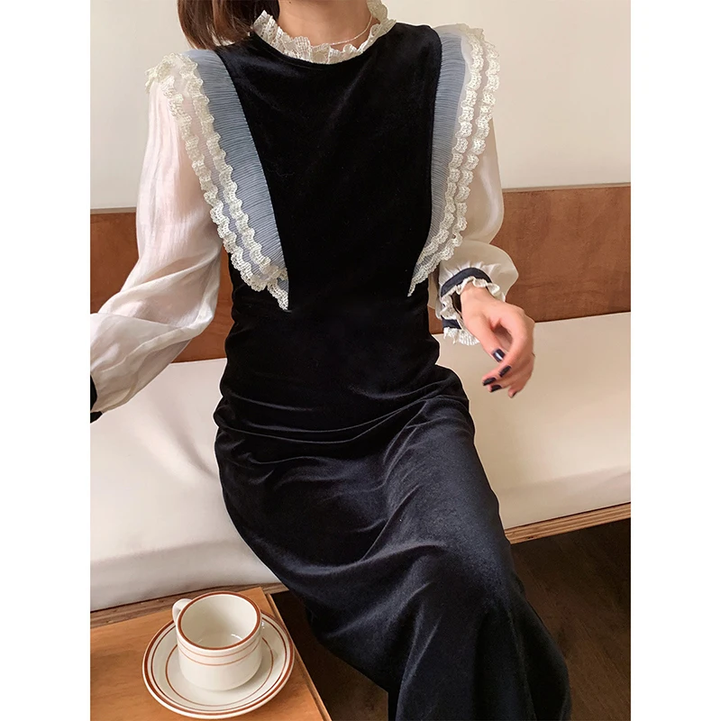 

French Casual Women Lace Velvet Black Elegant Party Vintage Dresses Female Autumn 2020 High Waist Long Sleeve Plus Size Dress