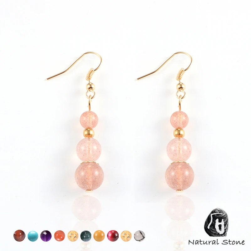 Fashion Women Natural Stone Earrings 6 8 10mm Purple Pink Crystal Beads Long Dangle Hook Drop Earring Jewelry Gifts For | Украшения и