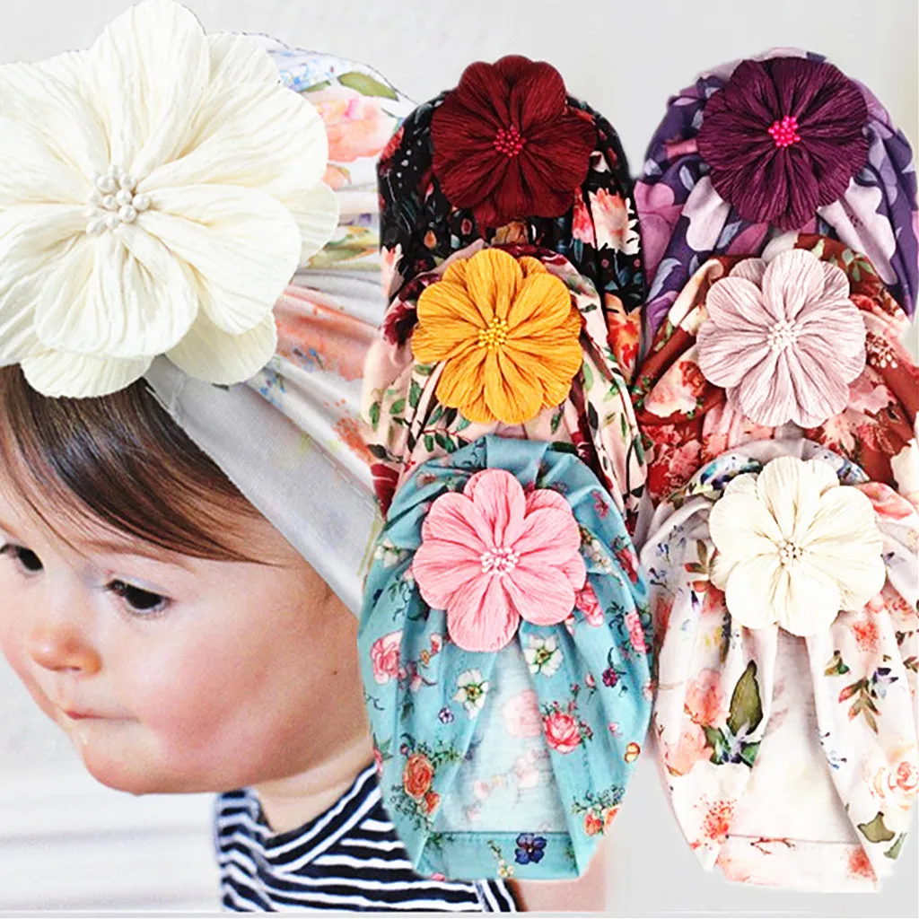 

Autumn Flower Baby Girls Hat For Newborn Soft Cotton Baby Boys Girls Hat Turban Infant Toddler Cap Head Wraps