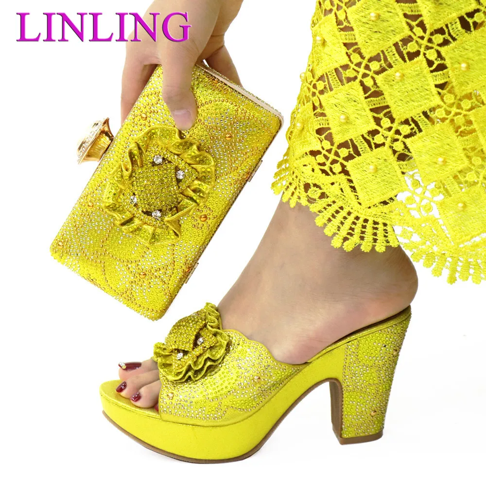 

2021 New Winter Elegant Unique Style Italian Design Hot Selling Luxury Party Yellow Color Crystal Ladies Shoes and Bag Set