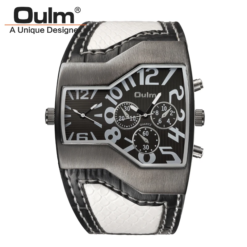 

Oulm Top Luxury Brand Men Watches Double Time Zone Snake Design Leather Strap Wristwatch Casual Male Sports Quartz Watch