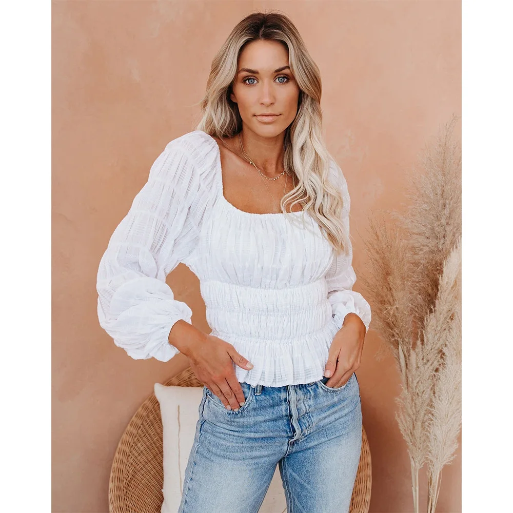 

2020 European and American New Solid Color Pleated Square Neck Halter Back Loose Lantern Sleeve Shirt Top Women