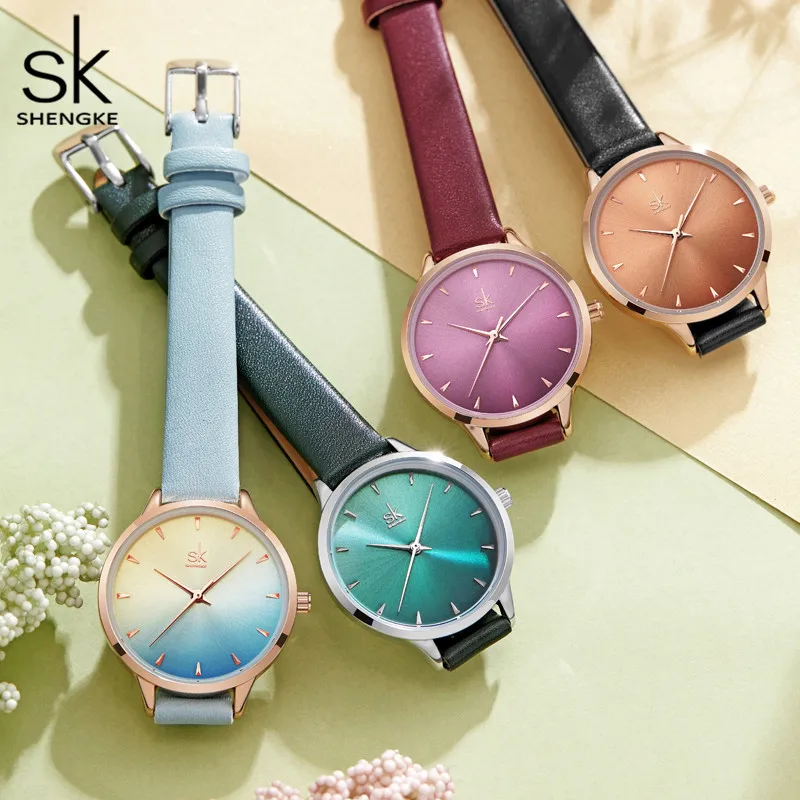 Shengke Luxury Brand Colorful Women Watch Creative Simple Women Watches Fashion Leather Quartz Ladies Watch Clock Montre Femme