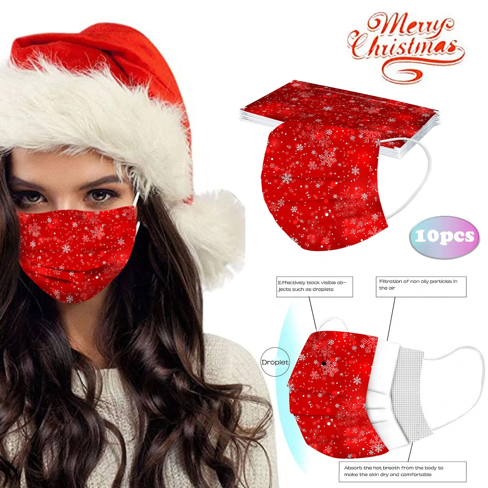 

10pc Women Man Christmas Masks Disposable Face Mask 3ply Loop Meltblown Non-woven Protective Mouth Mask Halloween Cosplay Decor