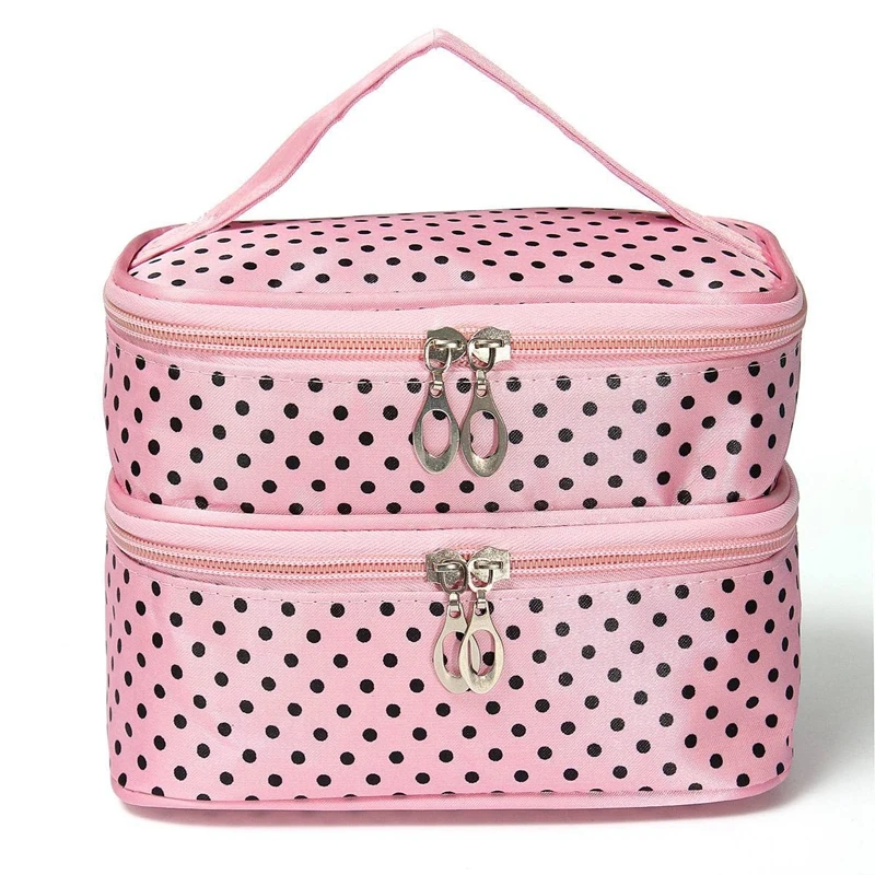 

NEW-Womens Fashion Dot Pattern Double Layer Makeup Bag(Pink)