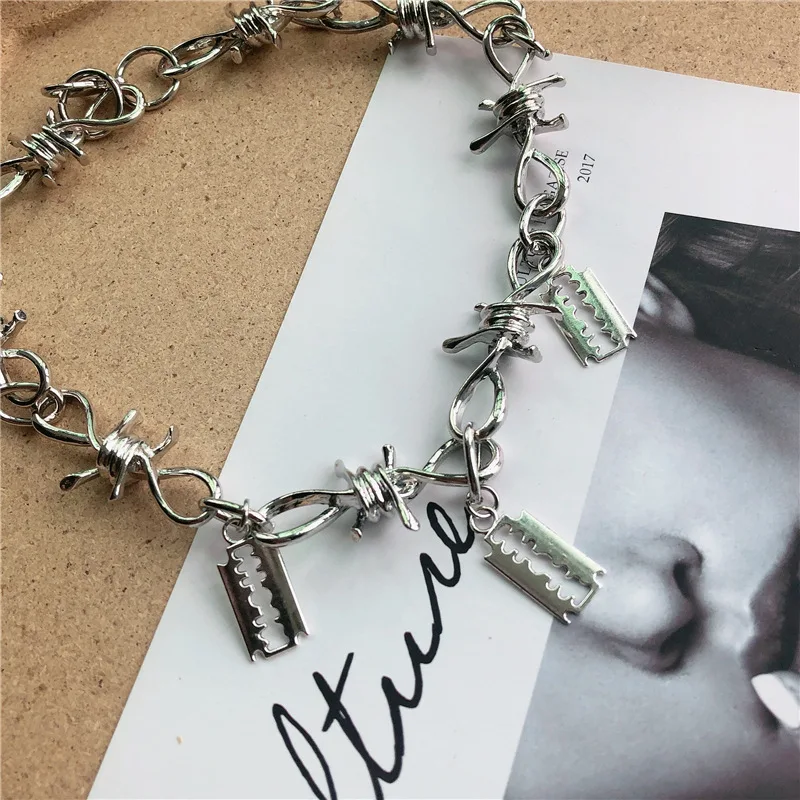 

Silver Color Geometric Thorns Blade Design Chain Choker Necklaces Punk Harajuku Style Girls Hip hop Necklaces Jewelry For Women