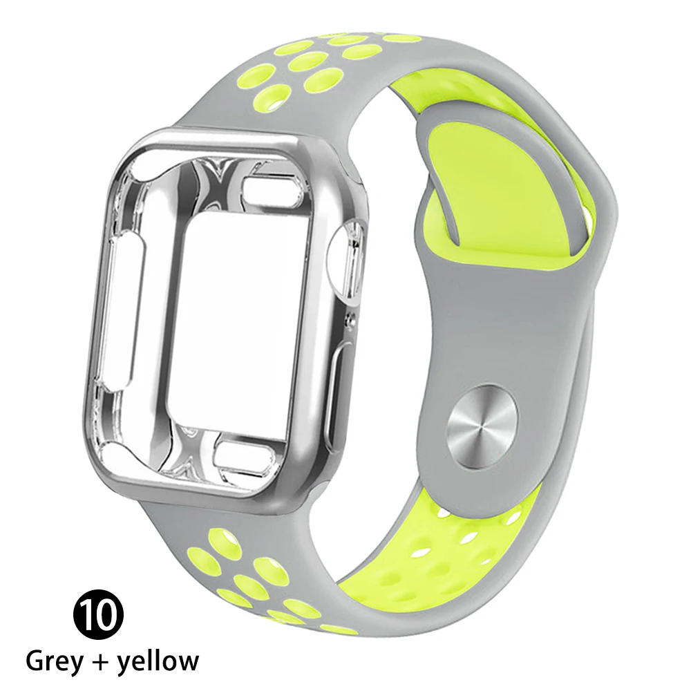 Чехол+ ремешок для apple Watch 5 ремешок 42 мм 38 мм 40 мм 44 мм спортивный силиконовый браслет для apple iwatch series 5 4 3 2 1 Аксессуары - Цвет ремешка: Grey    yellow