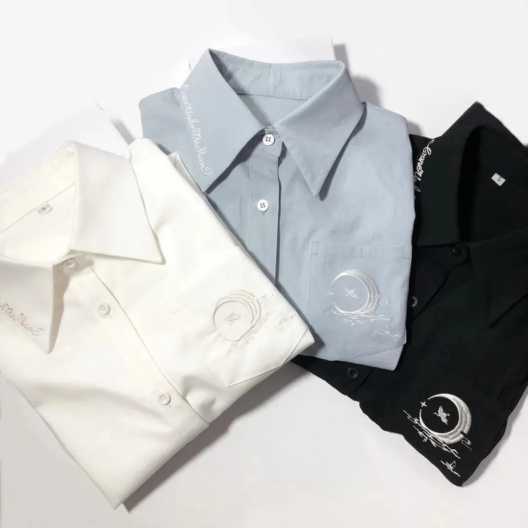 

2021 Women Tops And Bloues Harajuku Vintage Simple Elegantes Loose Gothic Black White Short Long Sleeve Turn Down Collar Shirt