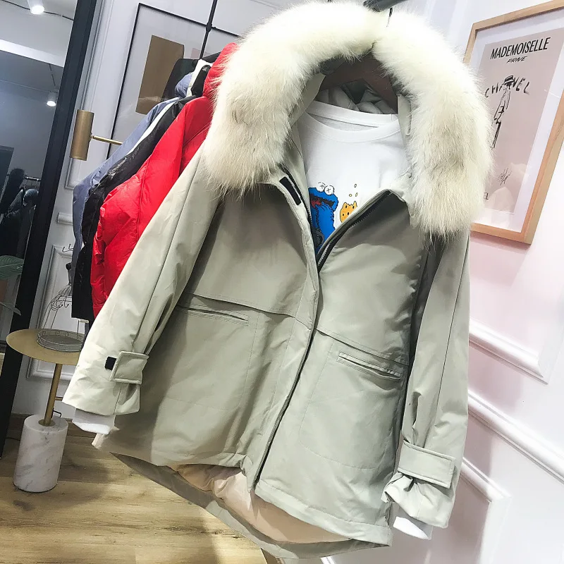 TopFurMall) зимние женские парки пуховики куртки Толстовка с мехом енота Дамский Плащ шаль Верхняя одежда Пальто LF9184