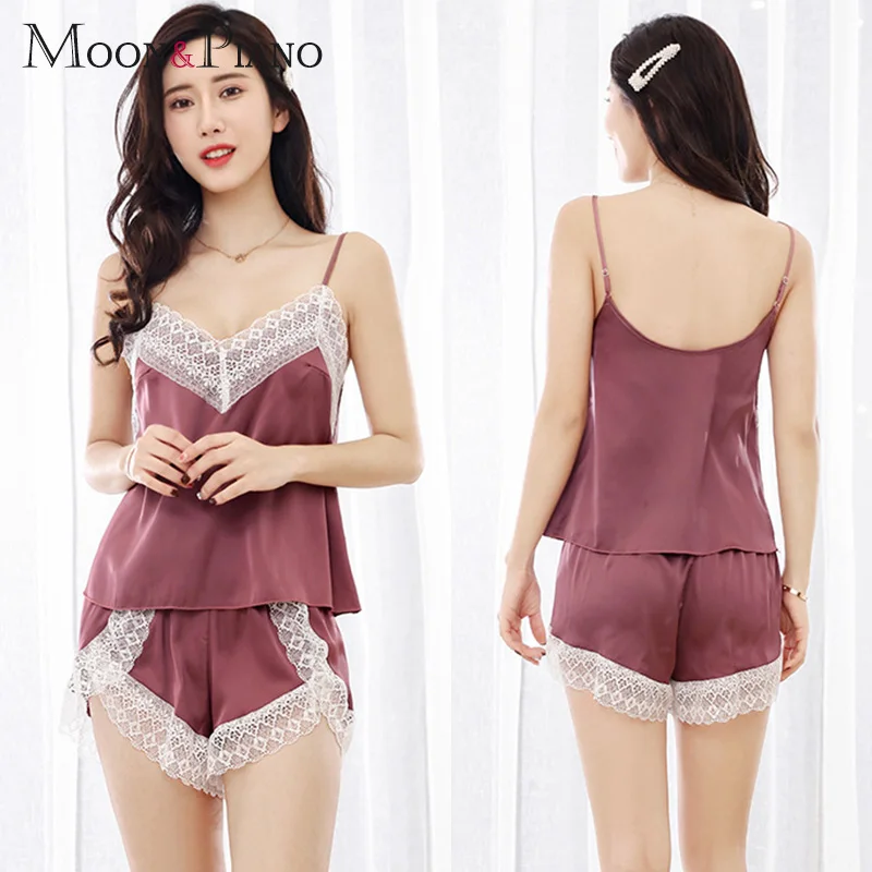 

Women Sleepwear Sexy Summer Thin Satin Pajamas Set Fashion Lace Suspender Shorts Simple Sleeveless Comfortable Home Sleep Tops