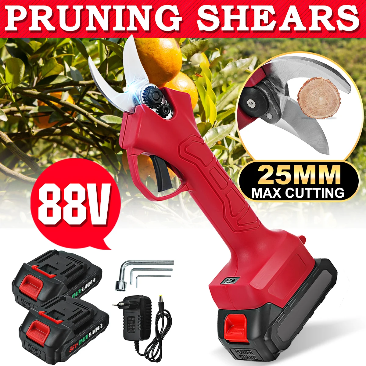 

88V Cordless Pruner Lithium-ion Electric Pruning Shear Fruit Tree Bonsai Pruning Electric Tree Branches Cutter Garden Power Tool