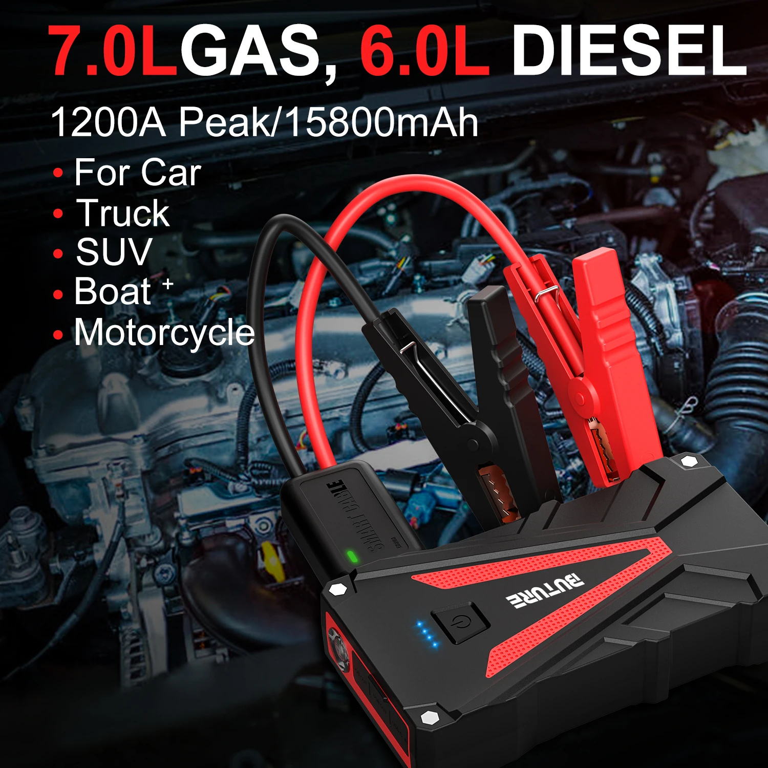 

Car Jump Starter, BUTURE 1200A Peak 15800mAh Portable Car Battery Starter (up to 7.0L Gas/6.0L Diesel Engines) Auto Battery Boos