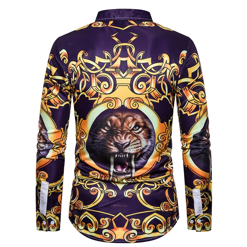 Luxury Royal Mens Shirts Casual Slim Fit Cross Gemstone Printed Long Sleeve Slim Fit Chemise Homme Men Prom Party Tuxedo Shirt