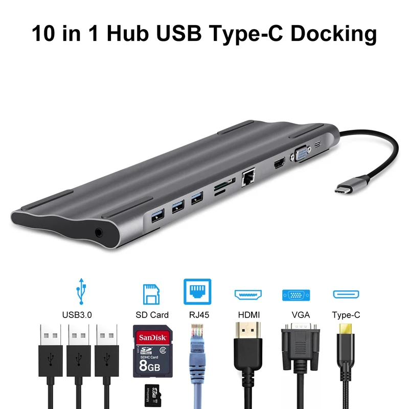 10 док-станция Все в одном Usb 3 0 концентратор Hdmi Rj45 Vga Sd Type C для зарядного устройства