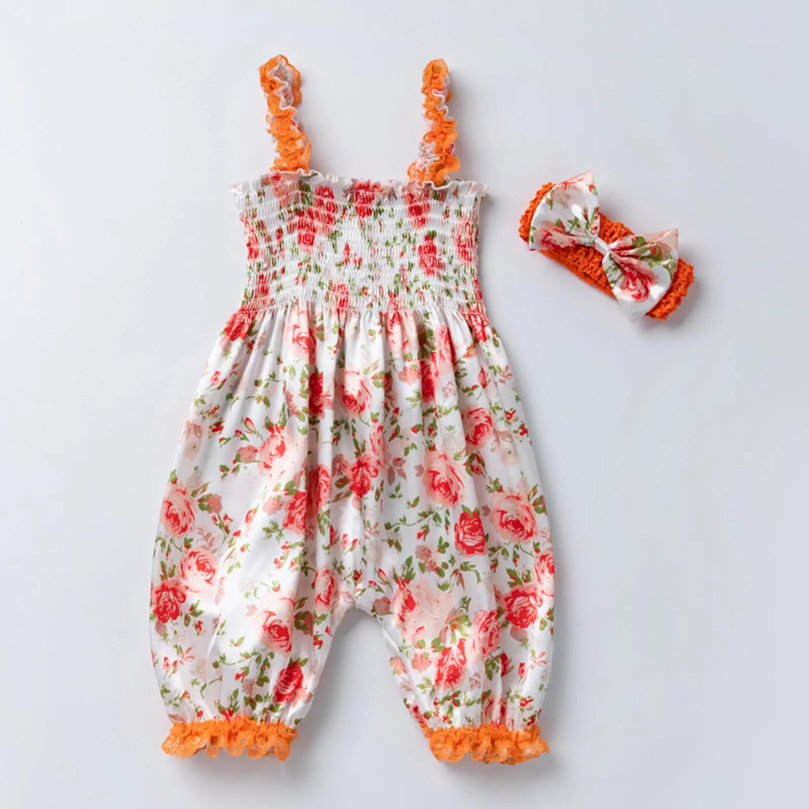 

Newborn Girls Rompers Set Ruffle Floral Sleeve Solid Print Lace Romper Jumpsuit With Headband One-pieces Summer Girl Clothing