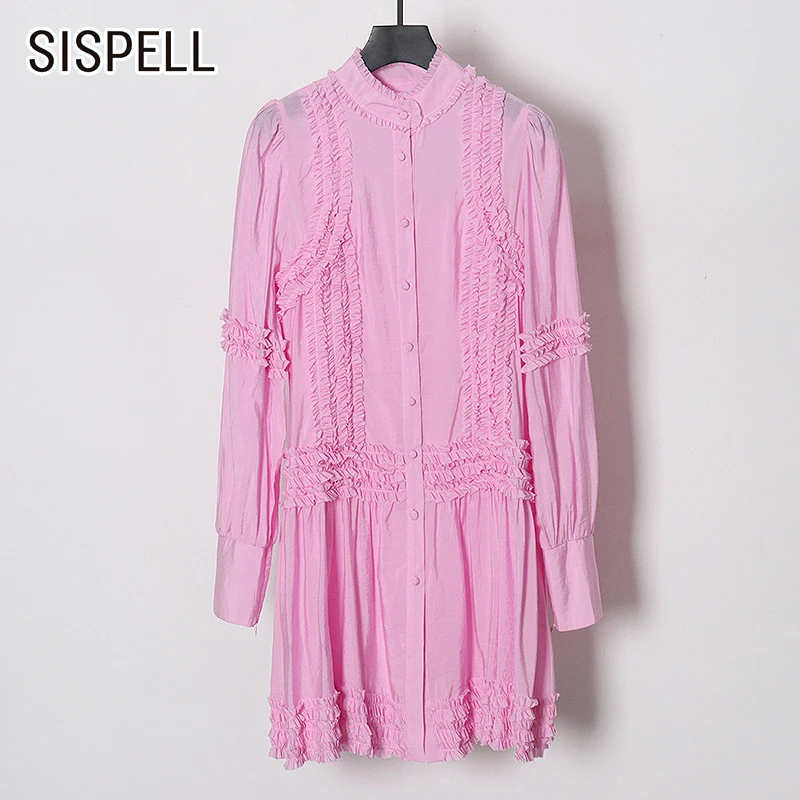 

SISPELL Elegant Dresses For Female Stand Collar Lantern Long Sleeve High Waist Girdle With Sling Patchwork Ruffle Women's Dress