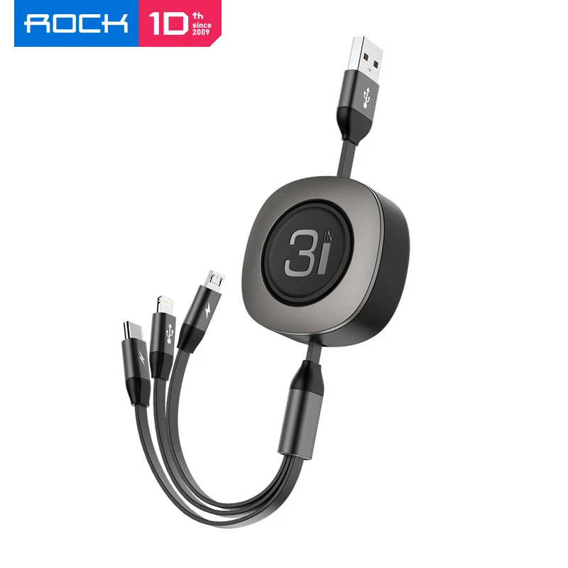 Кабель USB ROCK 3 в 1 с возможностью ретракции для iPhone Xs Max, многоразовой быстрой зарядки Micro Type C, Samsung, Xiaomi.