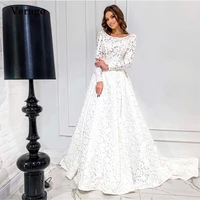 verngo modest full lace a line wedding dresses long sleeves scoop neck open back bridal gowns sweep train korea wedding dress
