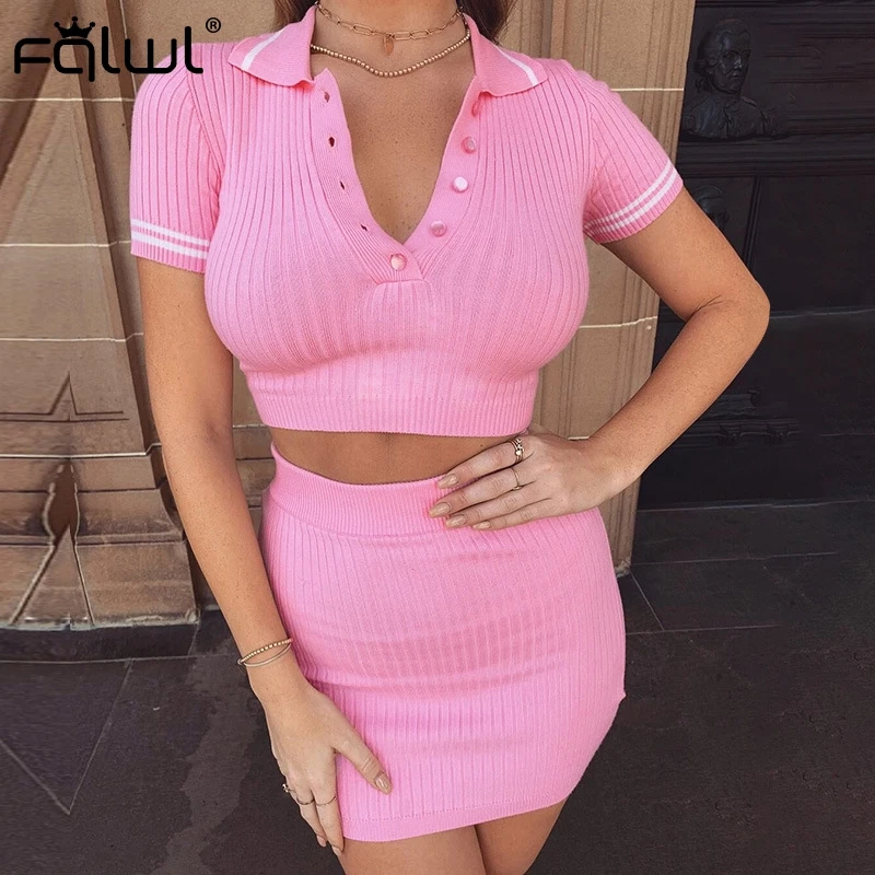 FQLWL ребристый трикотажный комплект из двух предметов женская летняя розовая
