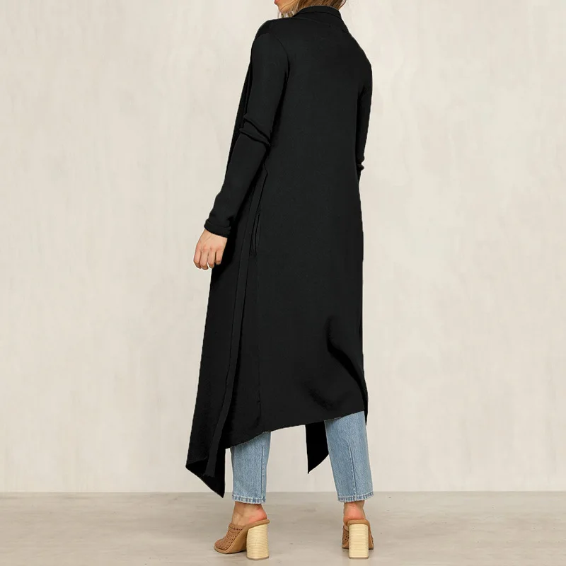 Женское пальто в британском стиле длинное средней длины со шнуровкой и отложным