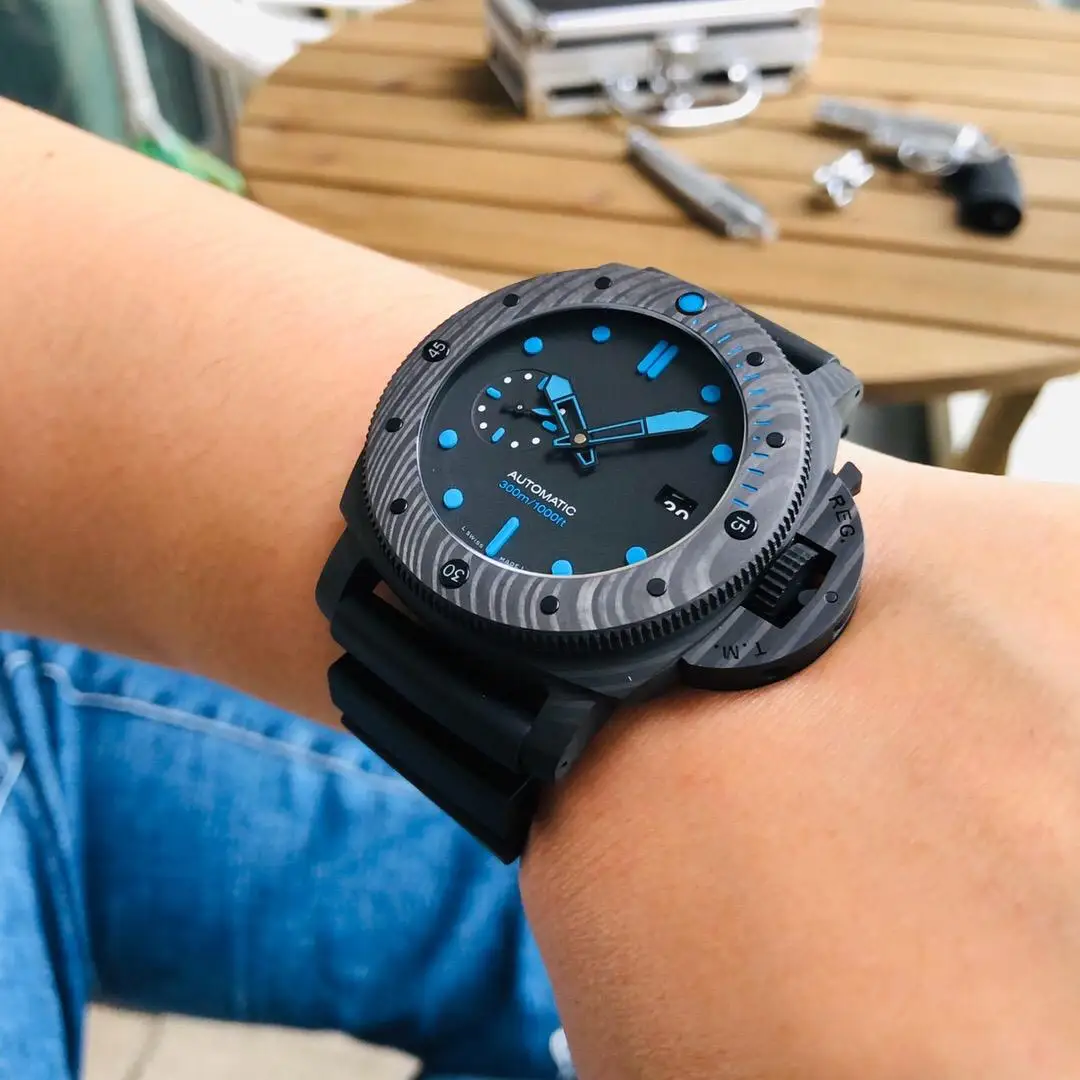 

Luxury Brand New Mens 47mm Carbon Fiber Watch Dive Countdown Super Luminous P9010 Automatic Mechanical Black Rubber Blue Dial