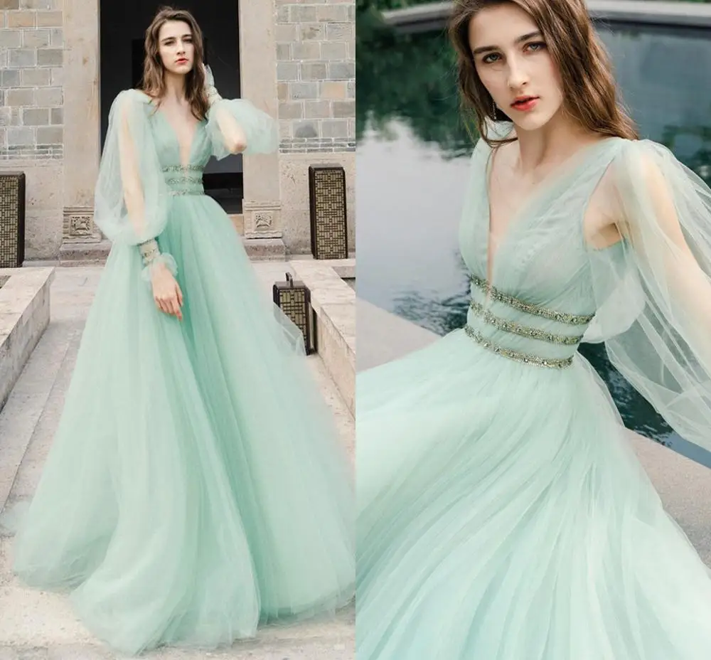 

Abendkleider Mint Green Evening Dress Puff Sleeve V Neck Prom Formal Dresses Beading Belt Long Evening Gown vestidos de festa