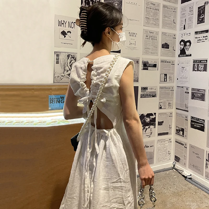 Женское летнее платье Sannian с круглым вырезом открытой спиной и кулиской сзади