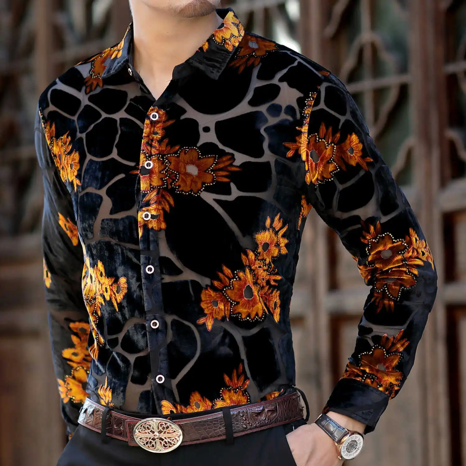 Осенняя шелковая рубашка с большими цветами прозрачная Мужская Сексуальная