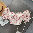 Женская блузка с квадратным вырезом, свободный кроп-топ в Корейском стиле ретро с пышными рукавами, повседневная женская блузка, LH514, лето 2022