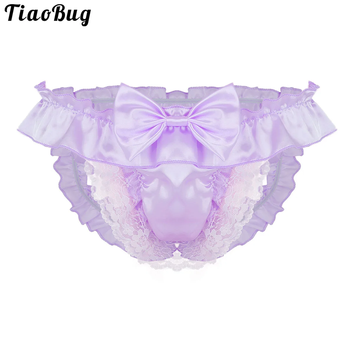 

TiaoBug Sexy Mens Sissy Briefs Lingerie Soft Satin Crotchless Low Rise Bikini Lace Underwear With Bowknot