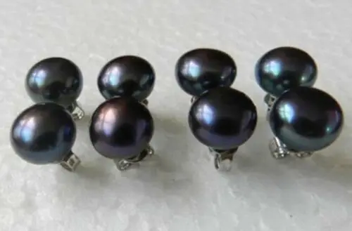 

4Pairs Genuine 9-10mm Natural Black Akoya Pearl Silver Stud Earrings AAA